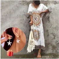 MOPUEA Strandkleid Boho Strandkaftan Ethno Print Sommerkleid aus Viskose (Boho Strandkaftan im Ethno Stil, Luftiger Sommer Kaftan mit Ethno Muster) Atmungsaktiv locker leicht hautfreundlich und luftig