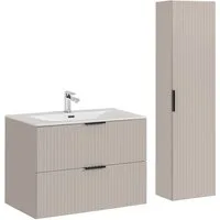 Lomadox Badmöbel-Set ADELAIDE-56-CASHMERE, (Spar-Set, 2-St., Waschtisch Hochschrank Keramikwaschbecken), 80cm Waschtisch, kaschmir mit gerillter Front
