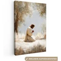 OneMillionCanvasses® Leinwandbild Jesus - Kniend - Waldlandschaft - Betend, Fotodruck (1 St), Leinwand Canvas Wandbild, Wanddekoration 20x30 cm