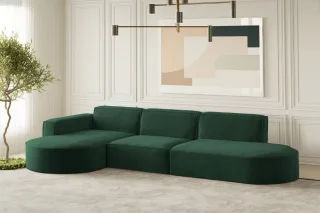 Ecksofa Designersofa PALMA in Stoff Noel Grün Ottomane Links
