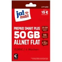 Ja! Mobil Prepaid Smart Plus Simkarte mit 13€ Startguthaben Prepaidkarte, (50 GB + 25 GB Datenpolster mit 5G, EU-Roaming inkl. Schweiz)