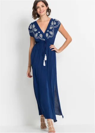 bonprix Maxikleid aus Viskose, blau, Gr.40, Ärmelloses Maxikleid mit Verzierung und Bindeband, aus Viskose