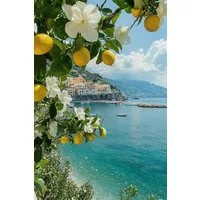 TPFLiving Kunstdruck OHNE RAHMEN, Italienische Landschaften - Mittelmeer Motife - Zitronen und Blumen - (Leinwandbild XXL), Farben: Farben: blau, gelb, grün, beige, weiß -Größe: 20x30cm