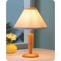 EDISHINE Nachttischlampe mit Massivholzsockel & Leinen-Lampenschirm, LED wechselbar, Warmweiß, Höhe 34 cm, inkl. 4W LED-Leuchtmittel, für Fensterbank, Geschenk