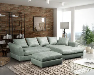 Ecksofa Sofa TIZIAN inkl. Hocker in Stoff Preston Graugrün Ottomane Rechts