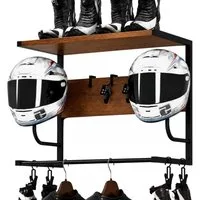 GARRYFIZH Wandhalterung Motorrad Helmhalter Wandhalterung aus Holz und Metall mit Haken, (Helmaufbewahrung für Garage und Flur – platzsparend und stabil)