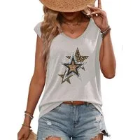 PYLIKE V-Shirt Bequemes Shirt Damen Ärmellos Basic-Shirt mit Fünf Lektionen Print Bequem für Freizeit und Büro,Strandurlaub