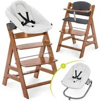 Hauck Hochstuhl Alpha Plus Newborn Set - Walnut, Holz Babyhochstuhl ab Geburt inkl. Neugeborenen Aufsatz & Sitzpolster