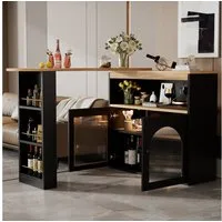 KLAM HOME Bartisch ausziehbar Stehtisch Bistrotisch drehbar Sideboard (mit LED-Lichtleisten, 360° Drehung), Esstisch mit Stauraum Anrichte 138-193X39X105CM