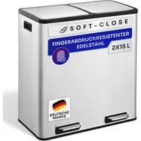 Gardissimo Mülleimer Edelstahl Duo Abfalleimer Treteimer Ruby 2 x 15 Liter = 30 Liter, Soft-Close Deckel Fingerabdruck resistent mit zwei Inneneimern