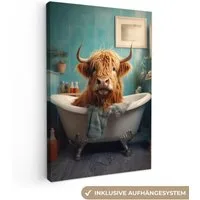 OneMillionCanvasses® Leinwandbild Schottischer Highlander - Badezimmer - Blau - Bad, Fotodruck (1 St), Leinwand Canvas Wandbild, Wanddekoration 20x30 cm