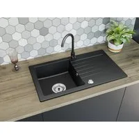 Faizee Möbel Granitspüle Granitspüle Küchenspüle Granit Siphon Einbauspüle Spülbecken 75x43,5, rechteckig, Granitspüle:75 x 16 x 44 cm (BxHxT) Material: Granit Vorgebohrt für eine Armatur Reversibel – Links oder Rechts montierbar, (Komplett-Set, 1 St