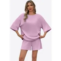 Imily Bela Hausanzug Damen 2-teiliger Freizeitanzug (Set, 2 tlg., 3/4-Arm Bluse + Shorts) in Unifarbe