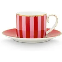 PiP Studio Espressotasse Love Birds Stripes Espressotasse m.U. rot/pink 125ml, Porcelain, Espresso Cup & Saucer Love Birds Stripes Red-Pink 125ml
