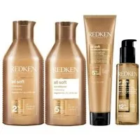Redken Haarpflege-Set Redken All Soft 4er Set – Shampoo + Conditioner + Leave-In + Arganöl, 4-tlg., Friseurprodukt, reichhaltig