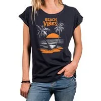 MAKAYA T-Shirt Vintage Damen-Top im Boho Stil – Palmen Sunset & Beachprint (Schwarz, Blau, 34, 36, 38, 40, 42, 44, 46, 48, 50) Baumwolle
