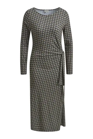 Milano Italy - Mididress w roundneck, 1/1 sleeve and knot detail at waist camel print - Gr. - XXL