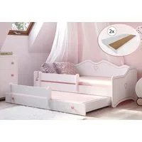 Kids Collective Kinderbett Mädchenbett 80x160 mit Ausziehbett & zwei Matratzen Kinderbett, Jugendbett Funktionsbett mit Rausfallschutz, Prinzessin weiß rosa