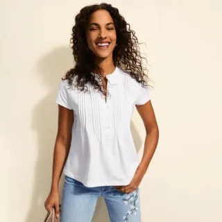 Kurzärmeliges Biesenshirt aus Baumwolle/Modal-Mix, Damen,  Weiß, Baumwoll-Mischung/Baumwolle Modal, by Lands' End