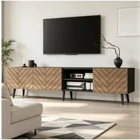 BlingBin Lowboard TV Schrank 180 cm mit Fischgrätenfront, offenem Mittelfach (Fernsehschrank, 1 St., TV Lowboard 180x33,5x45 cm), TV-Schrank in Holzoptik/Schwarz, für Fernseher bis 75 Zoll