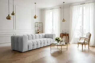 Sofa Designersofa SOLVIE 4-Sitzer in Stoff Moly Hellgrau