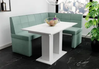 Eckbankgruppe 196x142 cm BLAKE XL L Stoff Soro Türkis / Esstisch DANTE Weiß