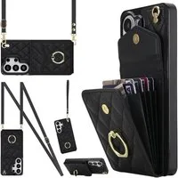 Wigento Handyhülle Klapphülle für Samsung Galaxy S26 Ultra Crossbody Kunstleder Schwarz 6,9 Zoll, Mit Kartenfächern, RFID-Schutz, Gurt
