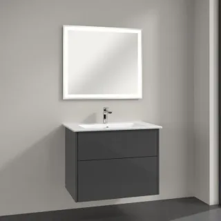 Villeroy & Boch Finero Badmöbel Set 80 cm Glossy Grey Waschtisch mit Waschtischunterschrank und Spiegel