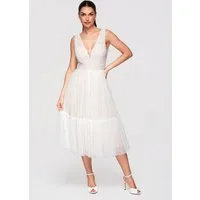 OMBRE Abendkleid Damen Midikleid Spitze Tüll A-Linie Weiß M (kein Set, 1-tlg) Transparente Einsätze, mehrlagiger Rock