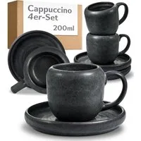 Cosumy Cappuccinotasse 4er Cappuccino Tassen Set mit Untertassen Weiß – 200 ml Keramik, 4-tlg., Steingut, Handglasiert, Spülmaschinenfest & Mikrowellengeeignet, 4er Set