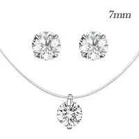Runde Perlé Schmuckset unsichtbare Kette und Ohrstecker, Solitaire Zirkonia, handgefertigte Ohrstecker und Kette, Nylonfaden, 925er Silber