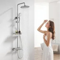 HOMELIVE Duschsystem mit Thermostat und Duschablage - Duscharmatur Komplettset, mit runder Regendusche, 3-Strahl-Handbrause,Chrom