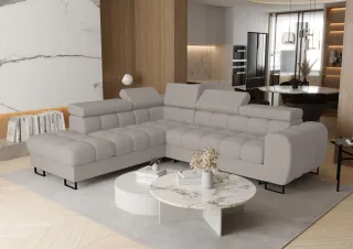 Ecksofa Schlafsofa BASTIEN MAX in Stoff Primo Graubeige Ottomane Links