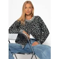 SASSYCLASSY Cardigan Oversize Strickjacke Damen mit Leo-Muster Cardigan mit Wollanteil mit Leopardenmuster Grau Schwarz Beige Braun
