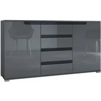Vladon Sideboard Sylt V1 (Kommode mit 2 Türen und 4 Schubladen, Korpus - Anthrazit matt / Front - Grau Hochglanz), Absetzung - Schwarz Hochglanz (138,5 x 75,5 x 35 cm)