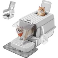 FEANDREA Katzentoilette Katzenklo Edelstahl, mit Deckel, mit Schaufel, Katzenstreumatte, 2 Eingängen, für Katzen bis 15 kg, 60 x 40 x 38 cm (L x B x H)