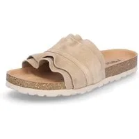 MIDS MIRABEL Damen Pantolette beige aus Velourleder mit Rüschenriemen, Lederfußbett & Korksohle