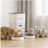 PawHut Katzen-Futterautomat FutterspenderKatzenfutter Automat mit 2 Edelstahlnäpfen, 4L Behälter, Doppelnapf, zeitgesteuerte Fütterung