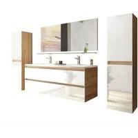 Homeline Badmöbel-Set Leonard Doppelwaschtisch doppelwaschbecken Eiche / Weiß badmöbel Set, (Badmöbel Set, Hochglanz mit Softclose System, 6-St., Badmöbel Set), Soft Clothing System