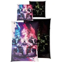 Carpe Sonno Kinderbettwäsche 135 x 200 Jungen Leuchtend Bettwäsche Kinder Rennwagen Auto + SPIELE, Renforcé, 2 teilig, GLOW IN THE DARK Bettbezug 135x200 - 100% Baumwolle