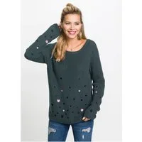 bonprix Strickpullover aus Baumwoll-Rippstrick, weiter Rundhalsausschnitt, Herzen-Stickereien