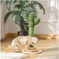 PawHut Kratzbaum Kaktus Kiefernholz Sisal Seil Kratzstamm mit Holzkugel-Katzenspielzeug, 60 cm Hoch