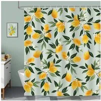 FOUORTUNATE-BEE Duschvorhang Zitronen Grüne Blätter Duschvorhänge Anti-Schimmel Wasserdicht (180 x 180 cm Polyester Stoff Waschbar Vorhäng für Badzimmer mit 12 Haken)