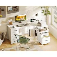 ODK Schreibtisch mit 6 Schubladen & integrierter Steckdose + 2 USB, L-Form 140x80cm (1-St), umkehrbarer Eckschreibtisch, Computertisch & Gaming-Tisch