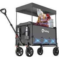 Sekey Bollerwagen Bollerwagen Faltbar mit Dach, 150L Handwagen Tragfähigkeit von 150 kg, Klappbarer Transportwagen mit Sonnenschutz für Ausflug Strand Camping