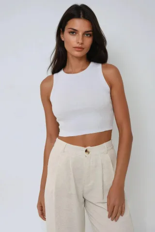 Rippstrick ärmelloses Crop-Top mit Rundhalsausschnitt