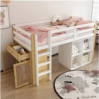 Flieks Hochbett Massivholz Kinderbett Etagenbett 90x200cm mit 2 Aufbewahrungsschrank