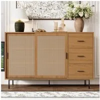 Merax Sideboard Kommode mit 2 Rattan Schiebetüren, 3 Schubladen (1 St., für Wohnzimmer Esszimmer, Natur), Landhausstil Sideboard mit Verstellbaren Böden