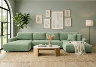Wohnlandschaft mit Schlaffunktion BRUSK MAX Sofa in Stoff Kronos Hellgrün