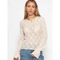 SASSYCLASSY Langarmshirt Spitzenshirt mit Volantärmeln Damen Transparentes Langarmshirt mit floralem Muster und Rundhalsausschnitt